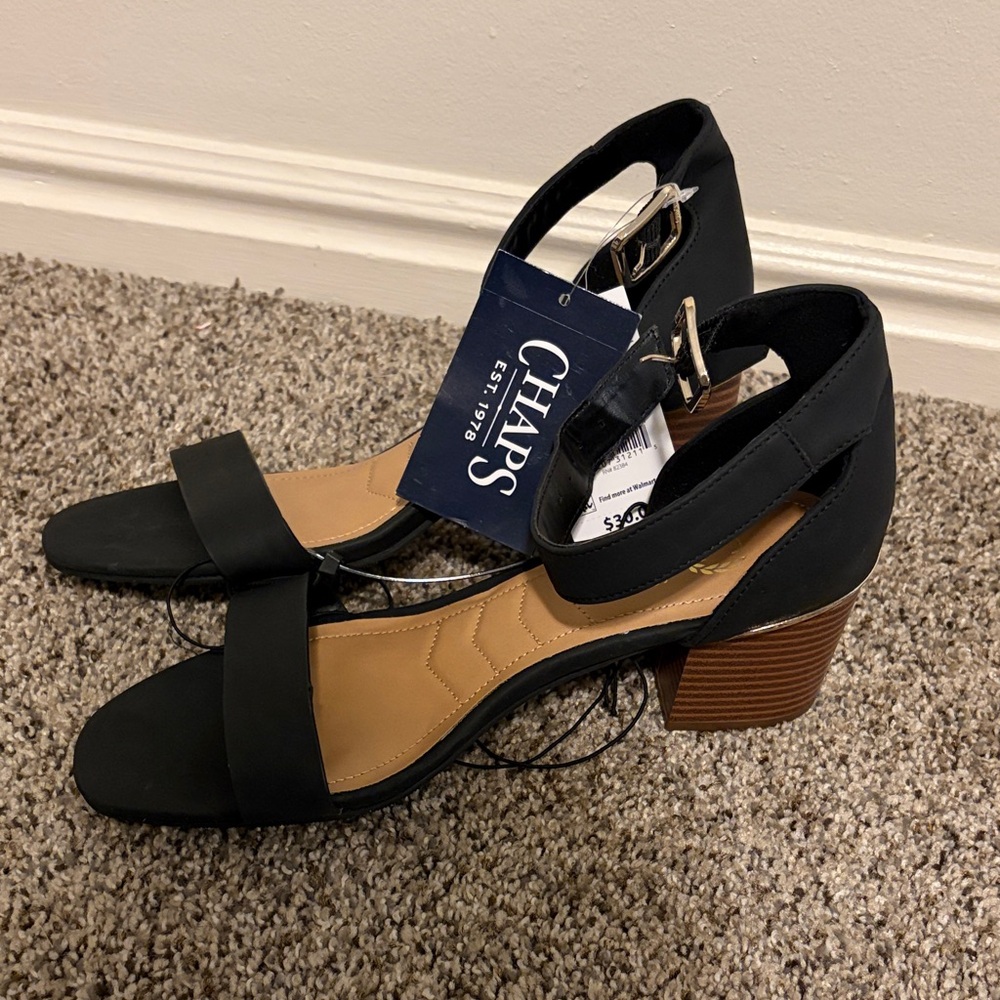 Chaps Black Open-Toe Block Heel Sandals with Ankle Buckle